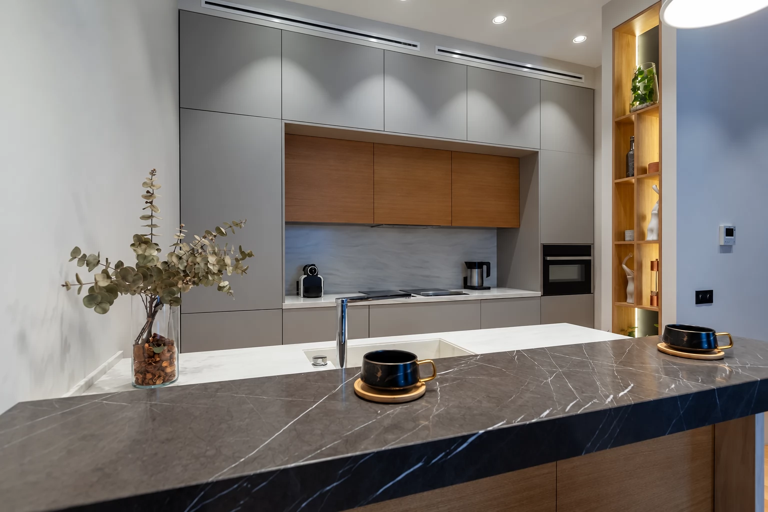 Luxe Милен — ракурс 2, С островом, Серый и тёмное дерево